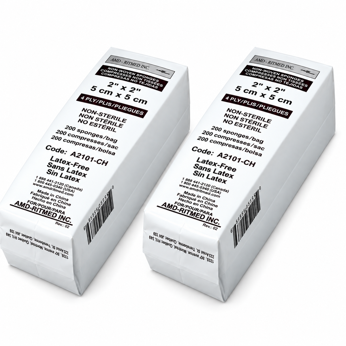 2" x 2" Non Woven Non-Sterile Ritmed Gauze Sponge, 4-Ply Pack of 200