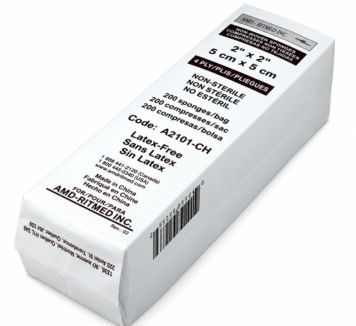 2" x 2" Non Woven Non-Sterile Ritmed Gauze Sponge, 4-Ply Pack of 200
